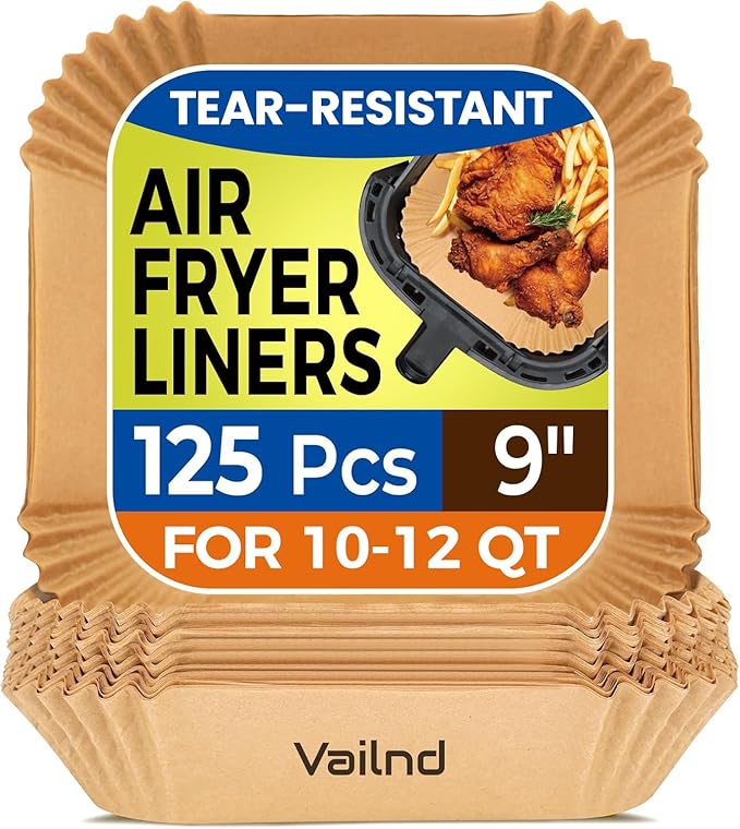 Vailnd 9inch Square Air Fryer Disposable Paper Liners, 125PCS Non-Stick Food Grade Parchment Paper, Oil Resistant, Waterproof, Food Grade Baking Paper for 10-12 QT Air Fryer Microwave