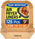Vailnd 9inch Square Air Fryer Disposable Paper Liners, 125PCS Non-Stick Food Grade Parchment Paper, Oil Resistant, Waterproof, Food Grade Baking Paper for 10-12 QT Air Fryer Microwave