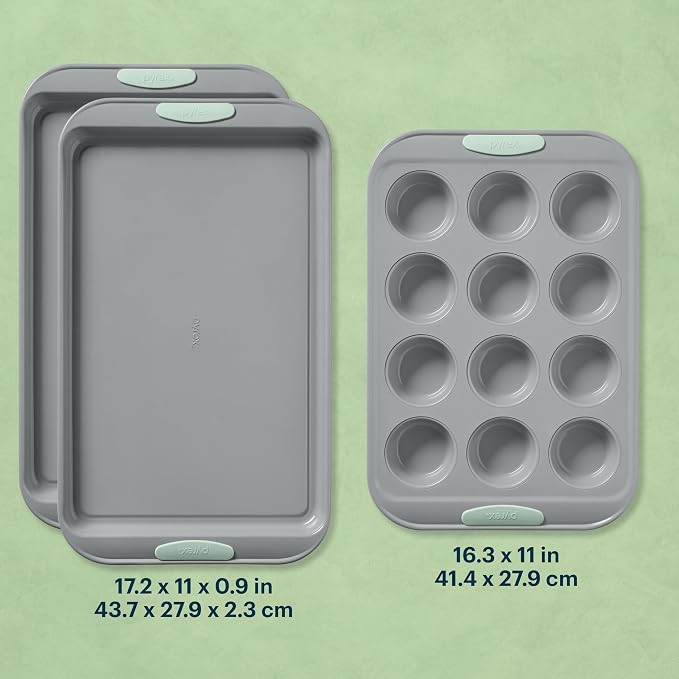 Pyrex 3-Piece Metal Cookie & Muffin Sheet Bakeware Set, Lightweight Stainless Steel Baking Trays with Heatsafe Silicone Handles, Cookie Muffin Sheet Baking Pan, Sage