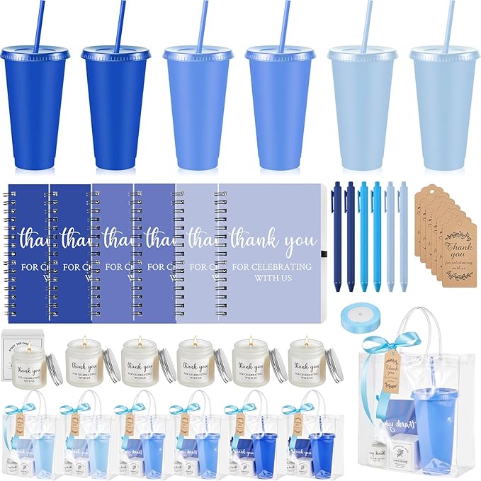 Nuogo 6 Sets New Parent Shower Prizes for Player Winners Adult, Wedding Bridal Shower Gift, Plastic Tumbler Notebook Scented Candle Ballpoint Pen Bag (Gradient Blue,Classic Style)