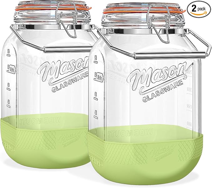 1 Gallon Glass Jar with Lid, 2 Pack Wide Mouth Mason Jars with Airtight Seal, Heavy Duty Glass Storage Container with Handle & Protective Base, Glass Jar for Sun Tea, Pickling, Flour Sugar, Kombucha