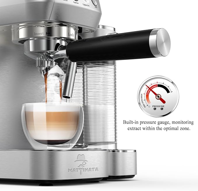 MAttinata Cappuccino Machine, Espresso Machine with Automatic Milk Frother | Compact Coffee Maker, 20 Bar Italian Pump, Pressure Gauge, Adjust Hot Milk Foam, Latte Art, Small for Home, Stainless Steel