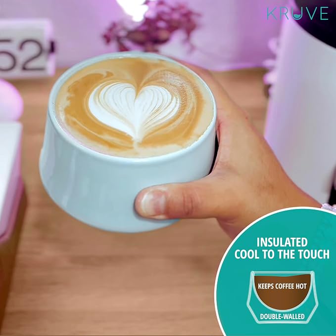 KRUVE IMAGINE Porcelain Latte Coffee Cups, Double Walled Espresso Cups, Glass Cups Set of Two - 8.5oz Thermal Spherical Design for Latte Art, Insulated Coffee Mugs for Heat Retention (Blue)