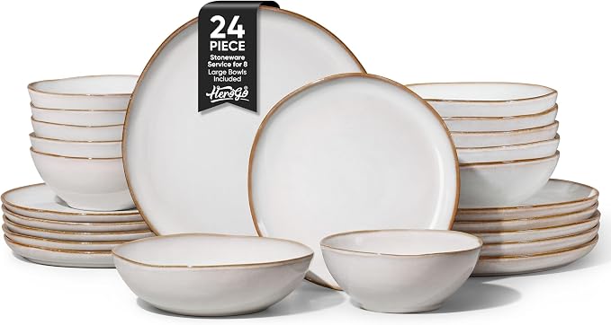 Herogo 24Pcs Plates and Bowls Dinner Set, Stoneware Dinnerware Dishes Sets for 6, Ceramic Dishware Tableware Includes Dinner Salad Plates, Soup Bowls, Microwave & Dishwasher Safe, Pearl White
