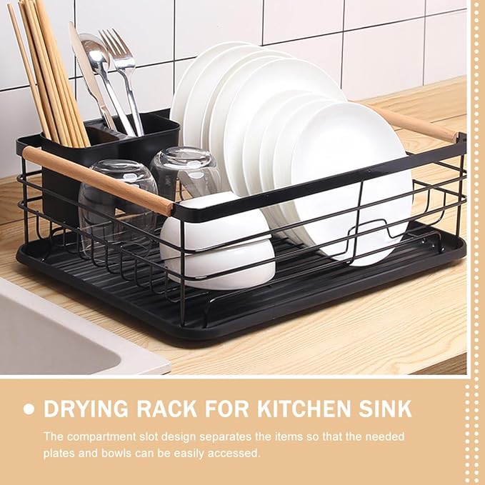 INOOMP Dish Drying Rack and Bowl Rack Black Iron Kitchen Countertop Organizer with Cutlery Holder Over Sink for Home Storage and Dishware Drying
