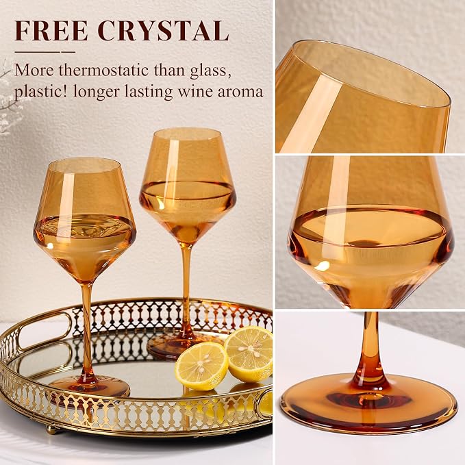 Amber Wine Glasses Set of 6-17.5oz Long Stem Crystal Wine Glasses, Handcrafted Blown Colorful Stemware, Elegant Drinkware Gift for Wedding Housewarming Wine Enthusiasts