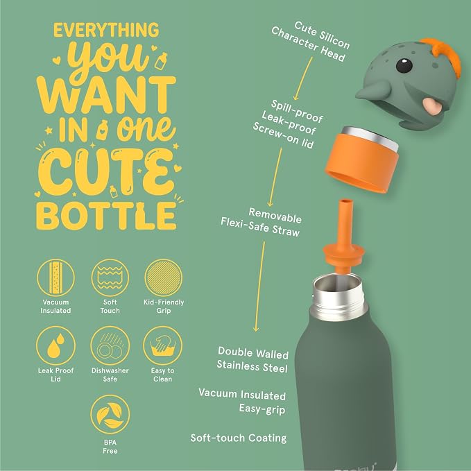 asobu Bestie Bottle Limited Edition Collectible Kids Water Bottle with Animal Character Lid 16oz (460ml) Insulated Stainless Steel, Leakproof, Reusable with Straw Fun Gift for Girls & Boys