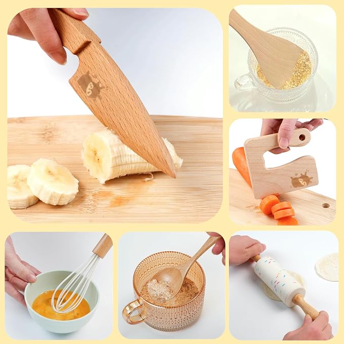 Wooden Kids Safe Knife and Kids Baking Set for Real Cooking, 8 PCS Toddler Montessori Kitchen Tools, Cooking and Baking for Kids Little Chefs Montessori Kitchen Tools for Toddlers-Kids Cooking Sets