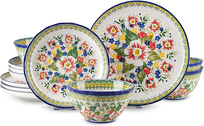 12-Piece Ceramic Dinnerware Set, Service for 4, Bohemian Floral Dish Set, Includes Plates and Bowls Sets, Microwave & Oven & Dishwasher Safe, Vintage Dish Set