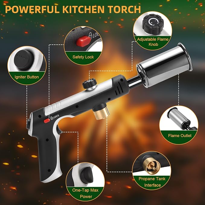 Powerful Propane Torch with One-Touch Max Fire, Adjustable Kitchen Torch with Safety Lock, Flamethrower, Blow Torch Gun for Grill, BBQ, Sous Vide, Campfire Starter (Tank Not Included)