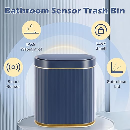 ELPHECO 2 Gallon Sensor Trash Can - IPX5 Waterproof Motion Sensor Trash Can, Automatic Bathroom Trash Bin, Slim Garbage Can for Bathroom, Office, Bedroom, Kitchen, Midnight Blue Gold