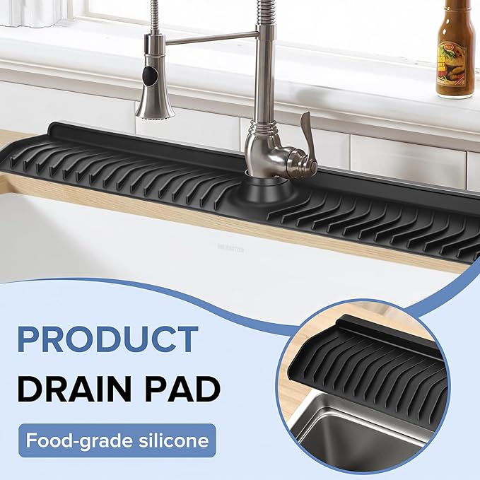 Kitchen Sink Faucet Mat,30in New Foldable Faucet Mat for Kitchen Sink, Adjustable Waterproof Splash Guard Draining Mat,Keep Countertops Dry (Black,29.9" x 5.7)