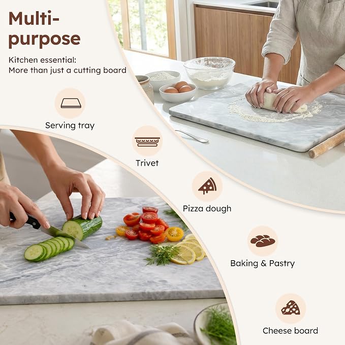Diflart Natural Marble Stone Cutting Board for Kitchen, 16x20 Inch, Gray with White Veins, Marble Slab Pastry Board Large with Non Slip Feets for Baking, Cheese, Charcuterie, Pack of 1 Pcs