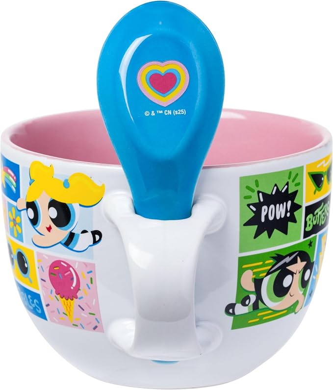 Silver Buffalo The Powerpuff Girls Comic Panels Featuring Bubbles, Blossom, and Buttercup Ceramic Soup Mug Spoon Set, 24 Ounces