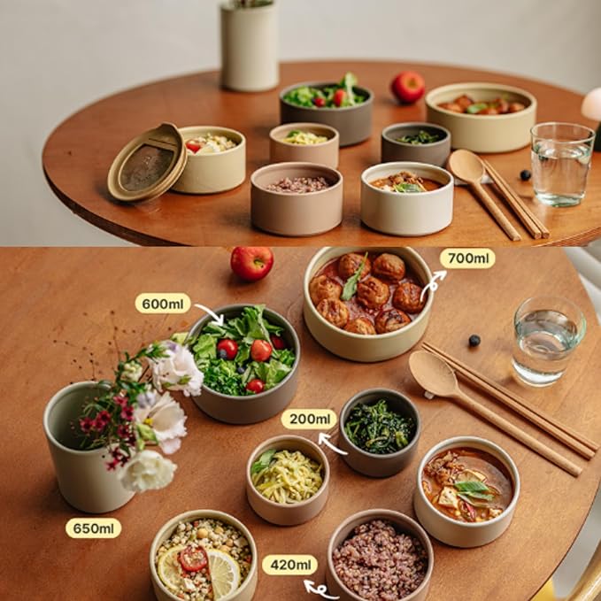 6 Set FIKA One Kitchen Ceramic Round Food Container Set with Glass Lid, Porcelain Prep, Mixing & Serving Bowls, Microwave, Oven & Dishwasher Safe Storage, Home Deco Canister (200ml / 0.21qt / 7oz)