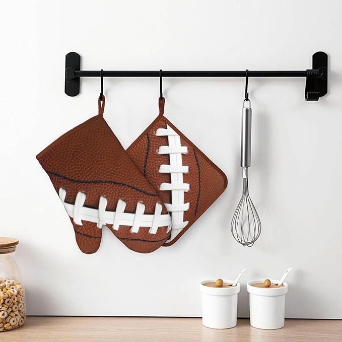 American Football Oven Mitts and Pot Holders Set of 4 Silicone Rugby Leather Lace Fun Traditional Sport Ball Kitchen Mitten Gloves and Potholders Set Heat Resistant Oven Gloves Hot Holders