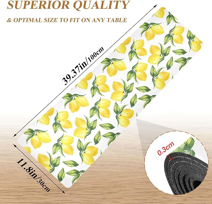 ALAZA Yellow Lemon and Leaves on White Trivet Table Runner 40 Inches Long Trivet for Hot Pots and Pans/Hot Dishes,Table Protector Heat Up to 230F, Decorative Hot Plates Mat for Kitchen Counter