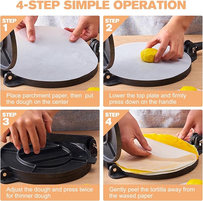 Cast Iron Tortilla Press 10 inch, Heavy Duty Tortilla Pataconera, Flour Tortilla Press with Foldable Handle, Taco press with Some Parchment Paper, Roti Maker, Black