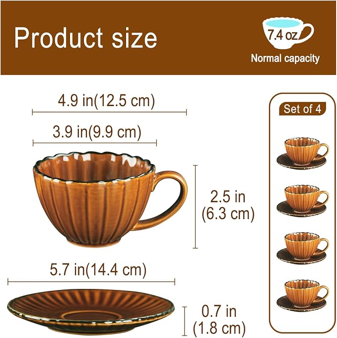 7.4 oz Ceramic Coffee Mug, Reactive Glaze Mug, Suitable for Latte, Coffee, Tea, Soup, Ideal for Office and Home Use, Dishwasher and Microwave Safe, 4-Pack Brown.