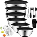 20-Piece Mixing Bowls Set with Airtight Lids – 6 Stainless Steel Kitchen Bowls (4.5QT, 4QT, 3.5QT, 2.1QT, 1.5QT, 1.1QT), 3 Grater Attachments, Non-Slip Silicone Bottoms, Perfect for Baking & Serving