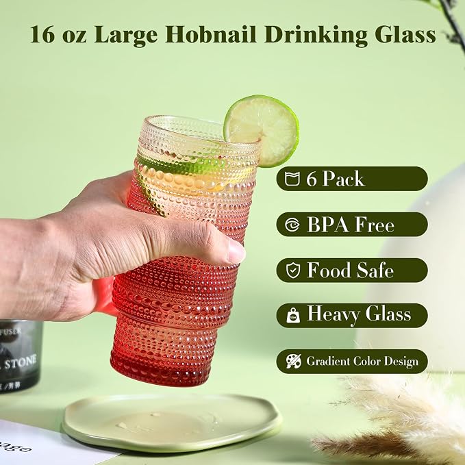 Large Capacity 16 oz Hobnail Drinking Glasses Set of 6, Vintage Glassware Drinking Glasses, Gradual Red Water Glasses Tumbler, Christmas Gifts for Women