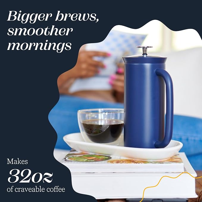 ESPRO Pro P7 French Press Stainless Steel 304 – Patented Double Walled Micro-Filter Insulated French Press Coffee Maker, Grit-Free Brew - Heat Resistant BPA Free - Aegean Blue, 32oz