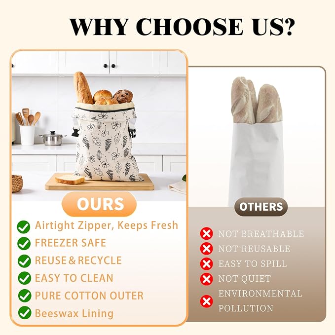 2Packs Cotton Beeswax Bread Bags with Zipper, Bread Bags for Homemade Bread,Organic Beeswax Linen Sourdough Bags,Reusable Bread Storage for Keep Fresh Freezer Safe 18 * 13in XL Large