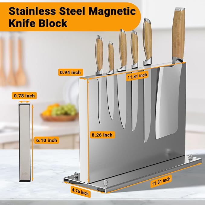 Magnetic Knife Block with Sharpener, Double-Sided Stainless Steel Magnetic Knife Holder with Suction Base, Kitchen Counter Knife Holder Stand, No-Drill Installation