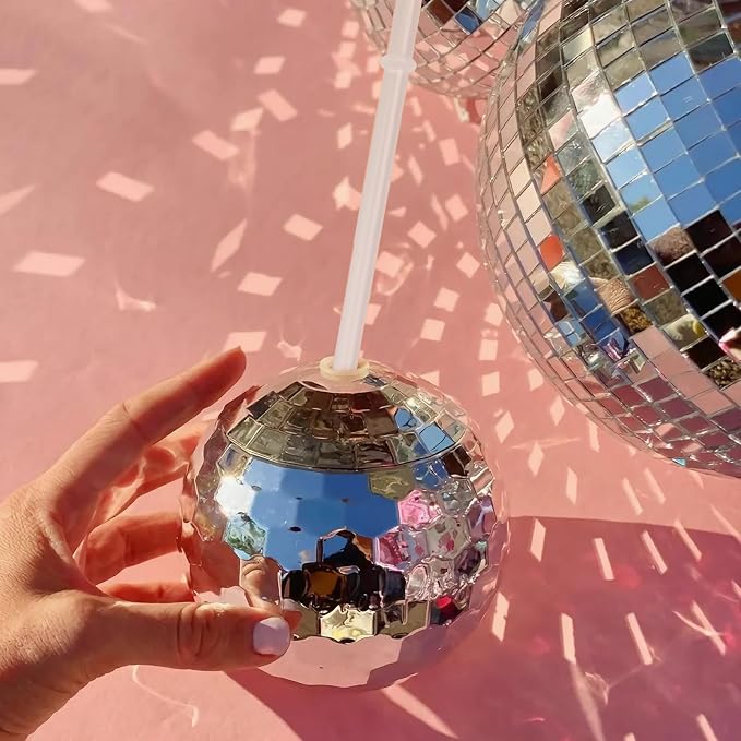 Disco Ball Cups, 20OZ Disco Party Cups with Lid and Reusable Straw Flash Ball Cocktail Cup for Party Nightclub Bar Supplies Wine Drinking Syrup Tea Bottle (50, Sliver)