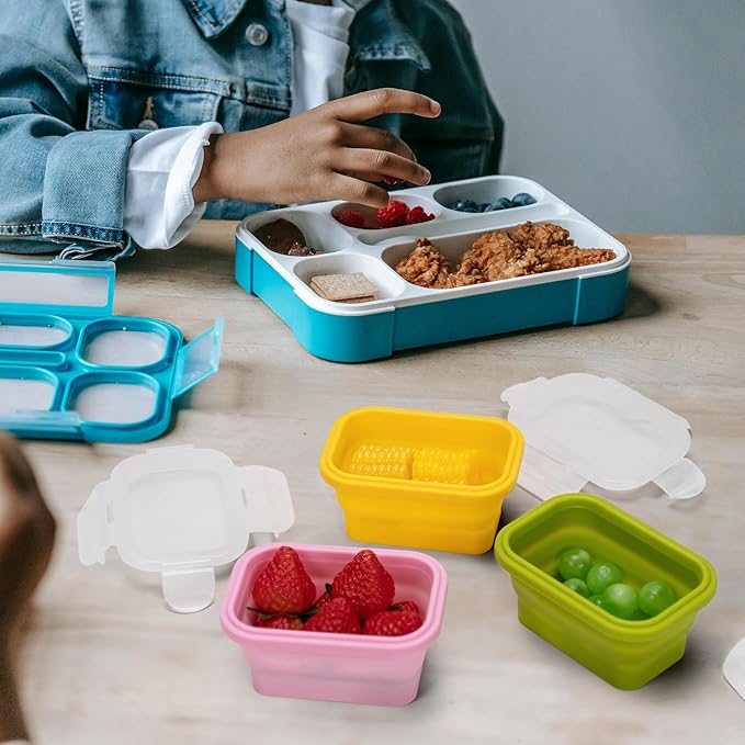 Bundle of 6 Pack Mini Collapsible Silicone Snack Containers with Lids + 4 Pack 100% Silicone Reusable Food Storage Bags 16oz Aqua