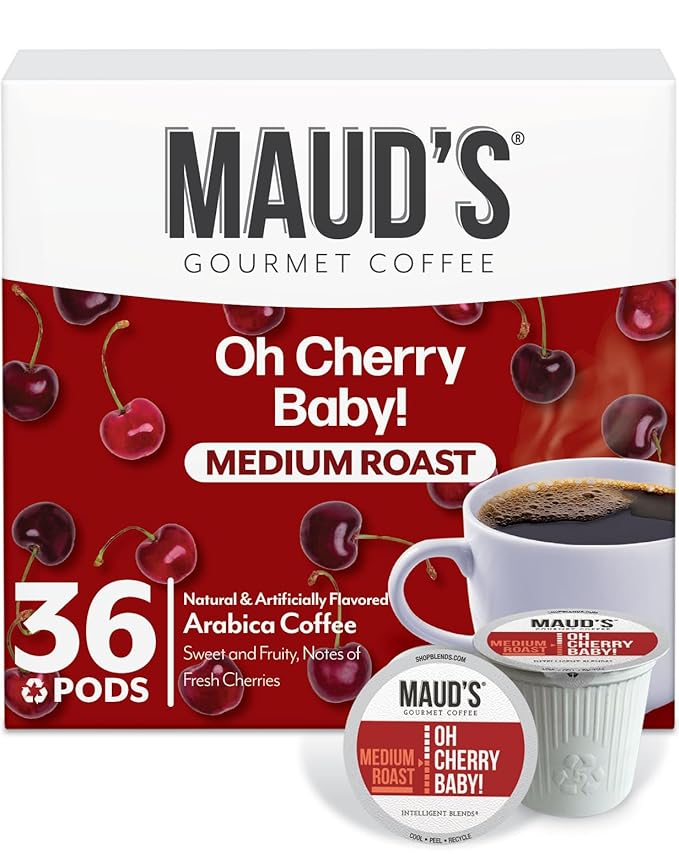 Maud's Cherry Flavored Coffee Pods, 36 ct, Medium Roast Flavored Coffee in Single Serve Pods – 100% Arabica Beans, Compatible with Keurig K Cups Maker