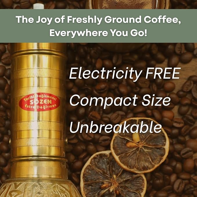 Sozen 7.6" Manual Coffee Grinder Brass – Hand Crank Burr Mill for Turkish Coffee, French Press, Espresso, Camping & Home Use – Portable Coffee Bean Grinder, Adjustable Conical Grinder