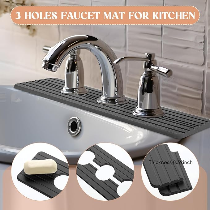 Teenyyou 3 Hole Gray Faucet Mat for Kitchen Sink Bathroom 15.94" x 4.92" Kitchen Faucet Absorbent Mat Diatomite Splash Guard Quick Drying Stone Drip Catcher Hole 2.36" Holes Spaced About 1.65"