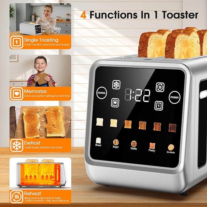 Smart 4-Slice Toaster, 75° Touchscreen with Digital Timer & Even-Heat Tech, Extra-Wide Slots for Bagels & Thick Bread, 6 Browning Levels, Defrost/Reheat, Single-Slot Energy Saving