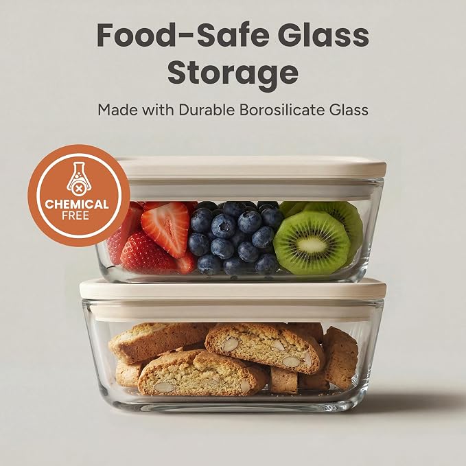 SMIRLY Glass Food Storage Containers with Lids Set, Borosilicate Glass Meal Prep Containers with Airtight Lids & Organizer, Stackable Glass Containers for Healthy Cooking, 5-Pack, Cream White