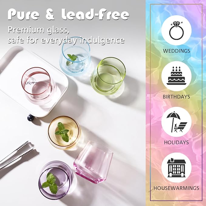 Physkoa Colored Stemless Wine Glasses Set of 6, Multi color Wine Glasses14oz,Diamond Shaped Cocktail Glass,Colorful Short Tumblers.Unique Drinkware for Home Party