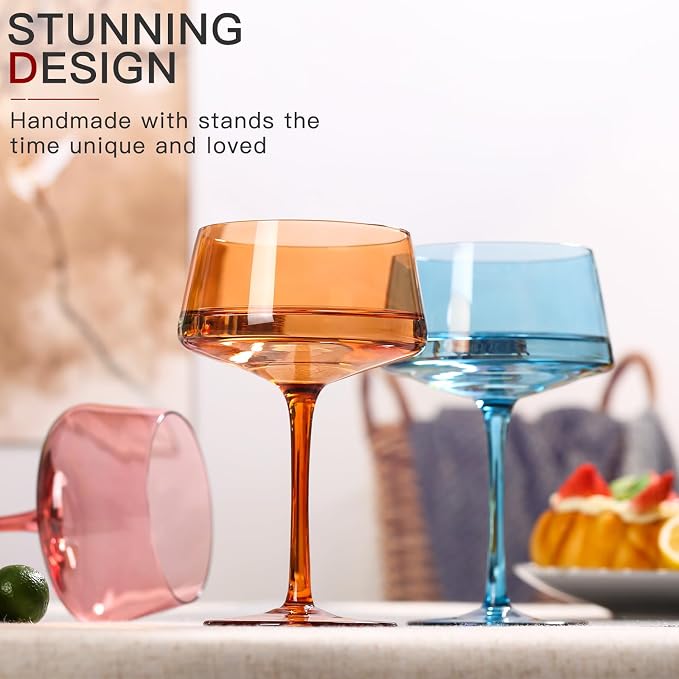 comfit Hand Blown Colored Coupe Glasses Set of 6-13oz large Crystal Martini, Cocktail & Champagne Glasses -Cute & Colorful Cocktail Glassware-Perfect for Bar, Cocktails, Martinis-Wedding Gifts