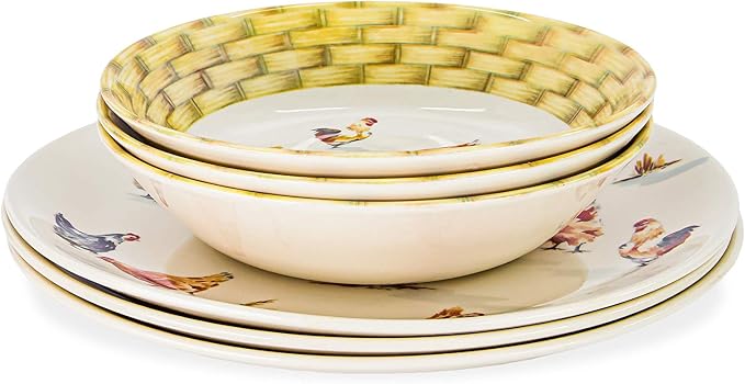 Tudor 16-Piece Premium Quality Round Porcelain Dinnerware Set, Service for 4 - Country Farmyard, See 10 Designs INSIDE!