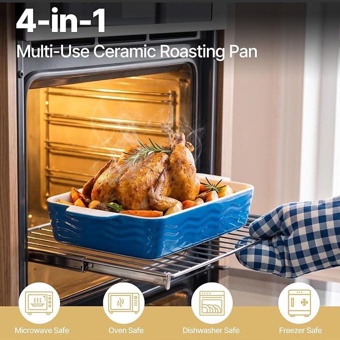 Estmoon Ceramic Baking Pan with Handles, Porcelain Baking Pans Set of 4, Oven Safe and Durable Baking Dishes Rectangular Baking Sheets for Wedding Gifts, Cooking, Blue(7.5''/9"/10.6"/12")