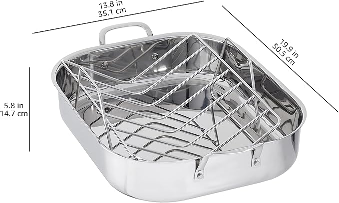 Amazon Basics Stainless Steel Rectangular Roasting Pan with Rack, Turkey Roaster, Dishwasher Safe, Easy to Clean, Oven Safe, 16 in