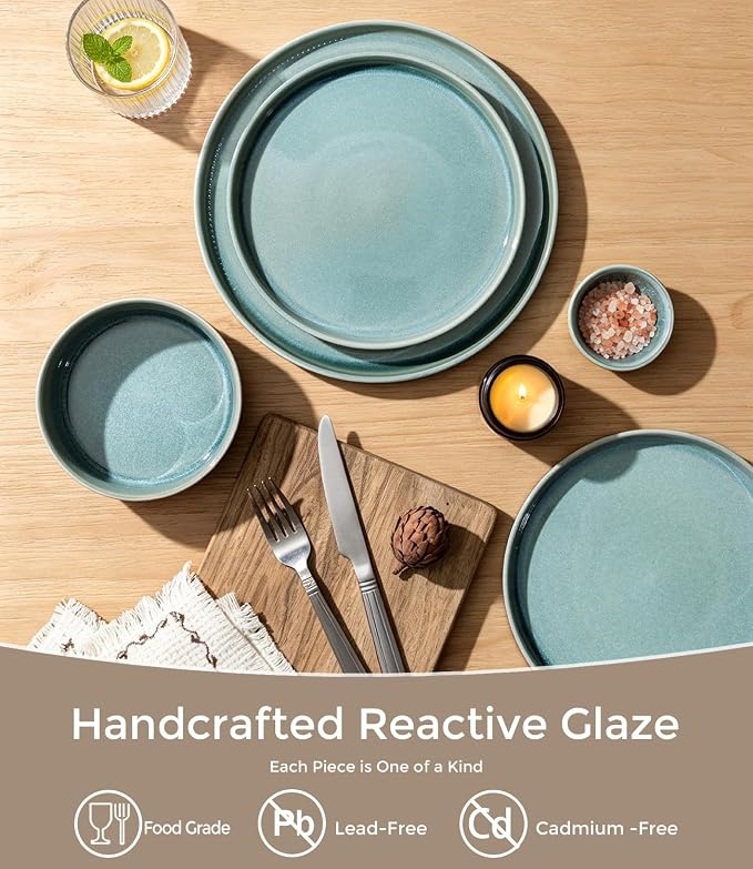 GBHOME 12-Piece Stoneware Dinnerware Set for 4 – Ribbed Ceramic Plates and Bowls, Scratch-Resistant, Microwave & Dishwasher Safe, Reactive Glaze, Malachite Green