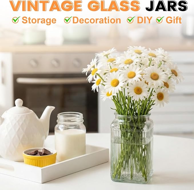 6 Pcs Vintage Glass Storage Jar with Lid 34 oz Glass Containers Stylish Ribbed Pattern Airtight Kitchen Jars Candy Jar for Food Cookies Candy Coffee Tea Beans Grains Storage