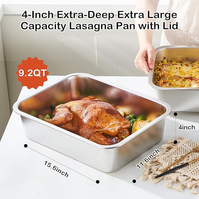 4-Piece 4 Inch Extra Deep Lasagna Pan with Lid, 11.6x15.6 Inch 9.2QT Large Stainless Steel Nonstick Lasagna Baking Roasting Dish Pan for Oven(L, 2 Pack)