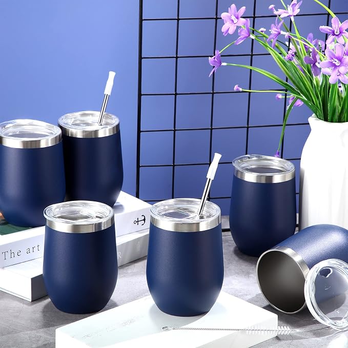 Inbagi 30 Pack 12 oz Stainless Steel Tumblers Bulk with Lids and Straws, Double Wall Insulated Wine Tumblers for Wedding Party Favors, Bridal Shower, Birthday Event Gifts (Navy Blue)