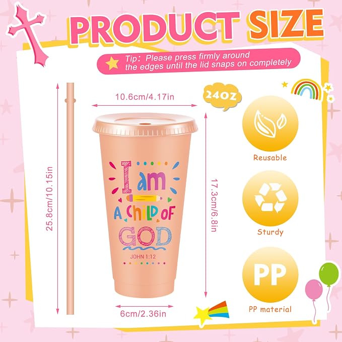 Uiifan 10 Pcs Morandi Christian Cups for Kids, Vacation Bible School Gifts 24oz Pastel Reusable Plastic Tumblers with Lids Straws, Bible Verse Party Cups for Sunday School, Classroom and Holiday Gifts