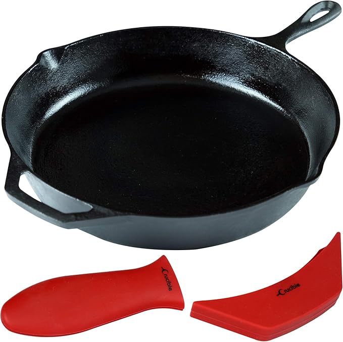 Crucible Cookware 12-Inch Cast Iron Skillet Set (Pre-Seasoned), Including Large & Assist Silicone Hot Handle Holders | Indoor & Outdoor Use