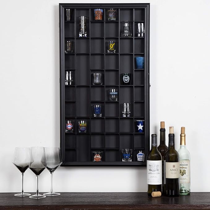 Gallery Solutions - Black Wall-Mounted - Curio & Shot Glass Display Case - 17"x32" Glass Door - Bar Accessories - Collectible - Miniature Glassware - Bar Accessories