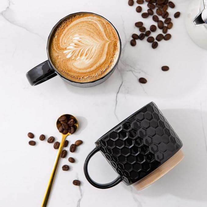 GBhome 12OZ Stackable Coffee Mugs Set of 6, Ceramic Coffee Mugs with Texture Patterns for Man,Woman,Dad,Mom, Modern Coffee Cups for Latte/Cappuccino/Cocoa. Dishwasher&Microwave Safe, Black