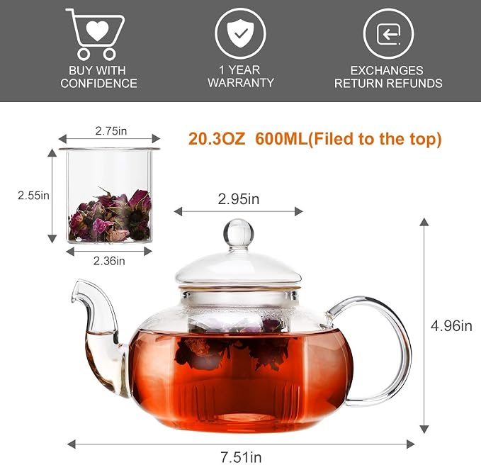 CNGLASS 20.3oz Glass Teapot Stovetop Safe and 10oz(2-pack) Double Wall Glass Mugs