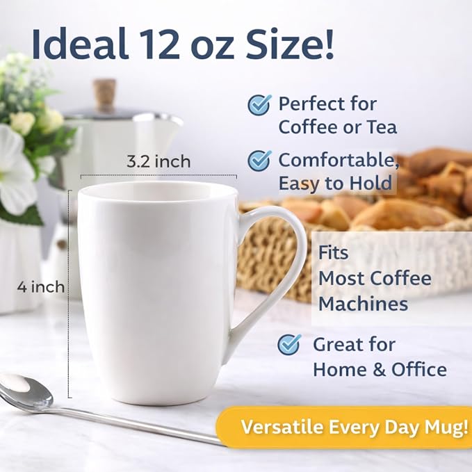 GBhome 12 OZ Off White Coffee Mugs, Ceramic Coffee Mugs Set with Large Handle for Man,Woman,Dad,Mom, Light Weight Coffee Mugs for Latte/Cappuccino/Cocoa/Milk, Dishwasher &Microwave Safe,12Pcs